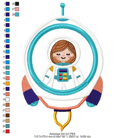 Astronaut Space Rocket Girl - Applique - Machine Embroidery Design