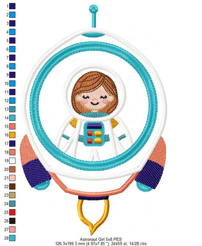Astronaut Space Rocket Boy and Girl - Applique - Set of 2 Designs - Machine Embroidery Design