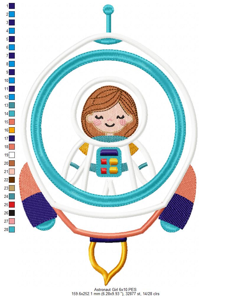 Astronaut Space Rocket Girl - Applique - Machine Embroidery Design