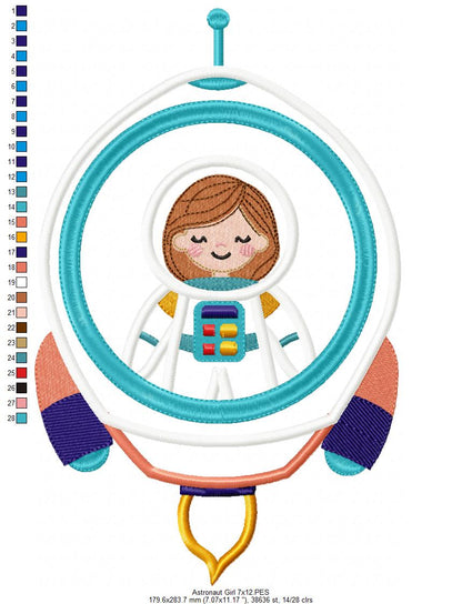 Astronaut Space Rocket Girl - Applique - Machine Embroidery Design