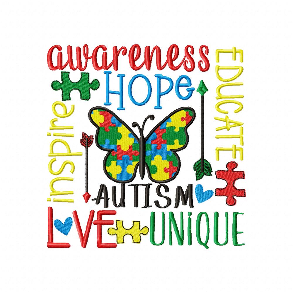 Autism Words and Butterfly - Fill Stitch - Machine Embroidery Design