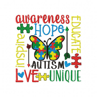 Autism Words and Butterfly - Fill Stitch - Machine Embroidery Design
