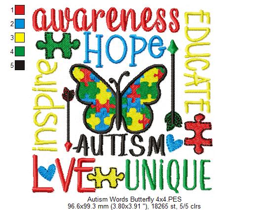 Autism Words and Butterfly - Fill Stitch - Machine Embroidery Design