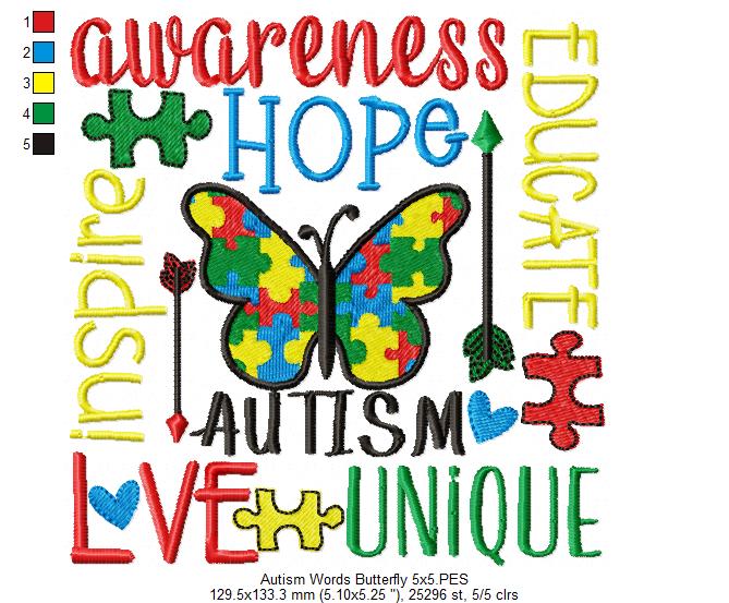 Autism Words and Butterfly - Fill Stitch - Machine Embroidery Design