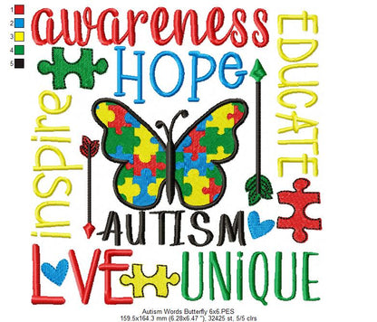 Autism Words and Butterfly - Fill Stitch - Machine Embroidery Design