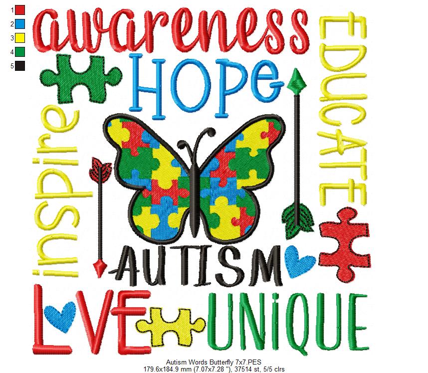 Autism Words and Butterfly - Fill Stitch - Machine Embroidery Design