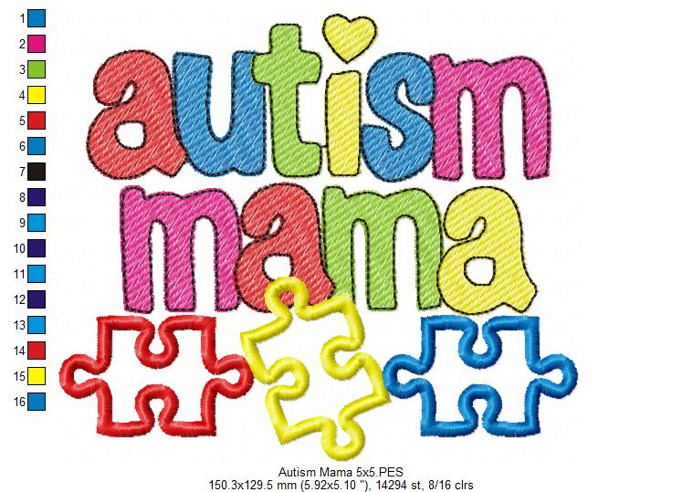 Autism Mama - Applique & Sketch Stitch - Machine Embroidery Design