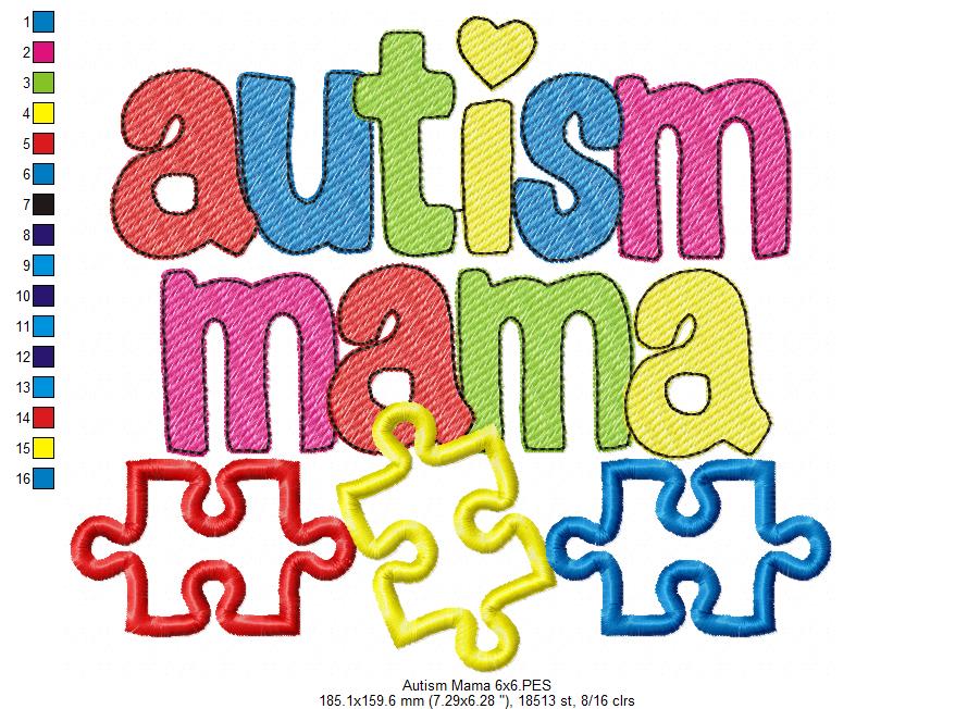 Autism Mama - Applique & Sketch Stitch - Machine Embroidery Design