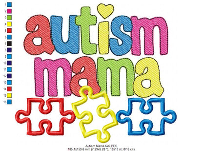 Autism Mama - Applique & Sketch Stitch - Machine Embroidery Design