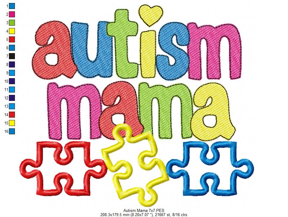 Autism Mama - Applique & Sketch Stitch - Machine Embroidery Design