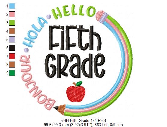 Bonjour Hola Hello Fifth Grade - Fill Stitch - Machine Embroidery Design