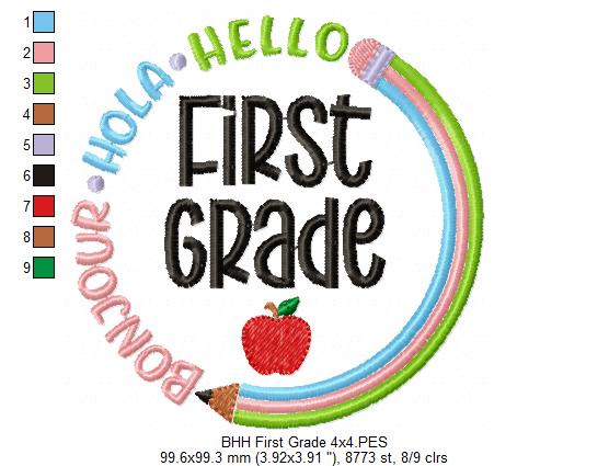 Bonjour Hola Hello First Grade - Fill Stitch - Machine Embroidery Design