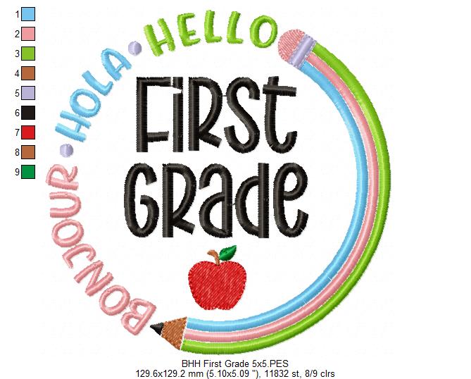 Bonjour Hola Hello First Grade - Fill Stitch - Machine Embroidery Design