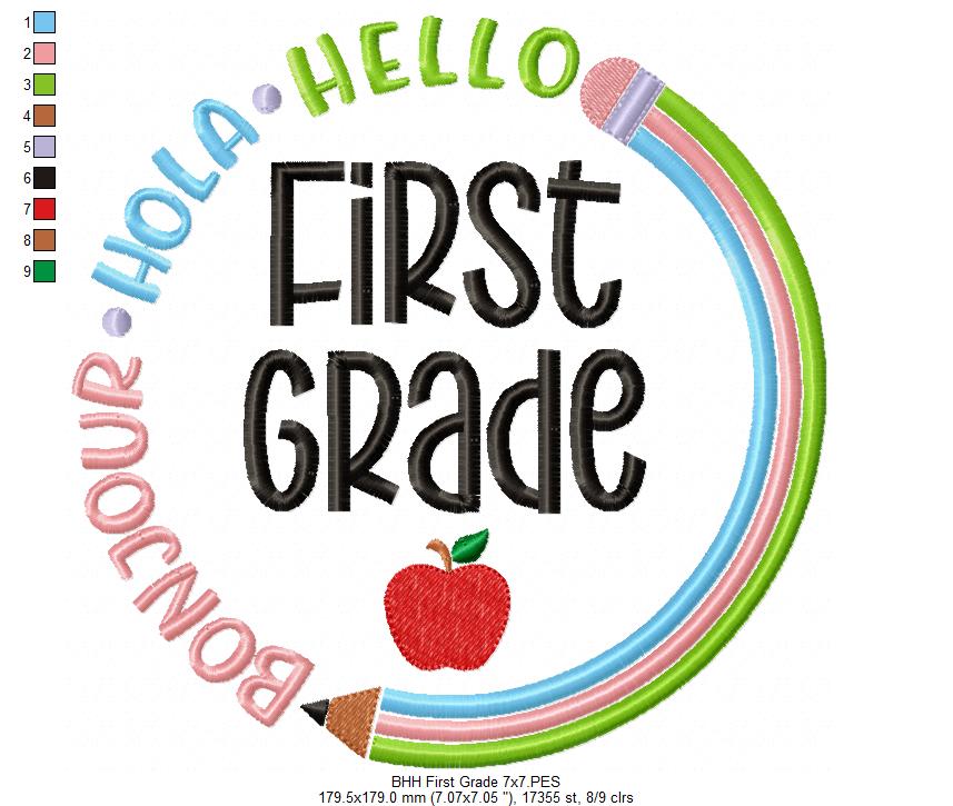 Bonjour Hola Hello First Grade - Fill Stitch - Machine Embroidery Design