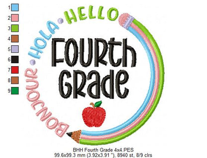 Bonjour Hola Hello Fourth Grade - Fill Stitch - Machine Embroidery Design