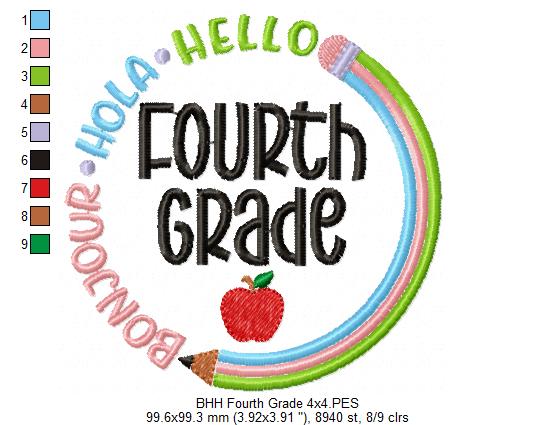 Bonjour Hola Hello Fourth Grade - Fill Stitch - Machine Embroidery Design