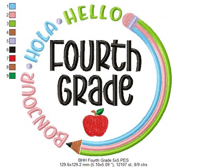 Bonjour Hola Hello Fourth Grade - Fill Stitch - Machine Embroidery Design