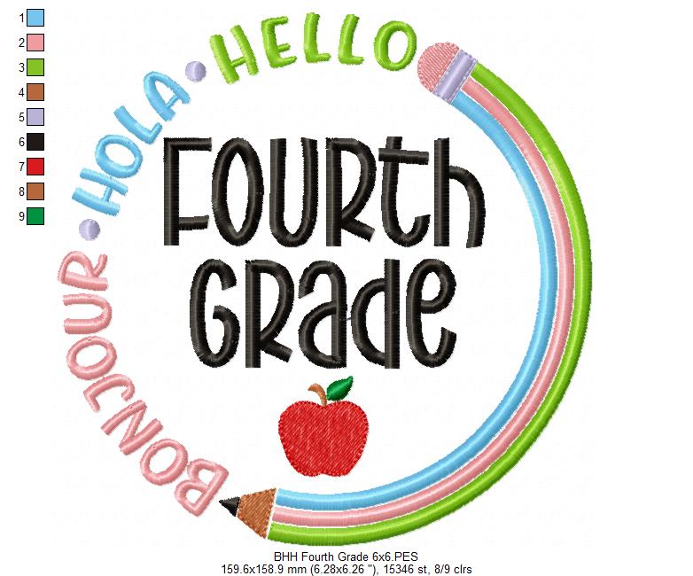 Bonjour Hola Hello Fourth Grade - Fill Stitch - Machine Embroidery Design