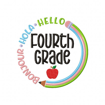 Bonjour Hola Hello Pre-Kinder to 6th Grade - Fill Stitch - Set of 8 designs - Machine Embroidery Design