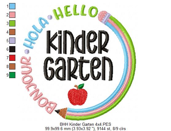 Bonjour Hola Hello Kinder Garten - Fill Stitch - Machine Embroidery Design