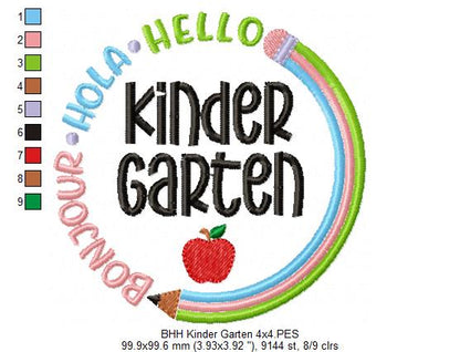 Bonjour Hola Hello Kinder Garten - Fill Stitch - Machine Embroidery Design