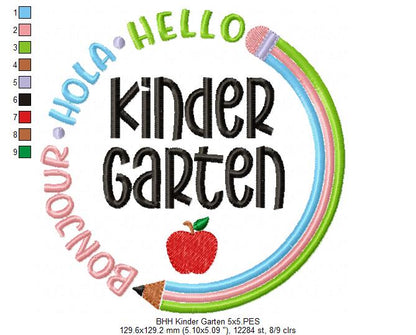 Bonjour Hola Hello Kinder Garten - Fill Stitch - Machine Embroidery Design