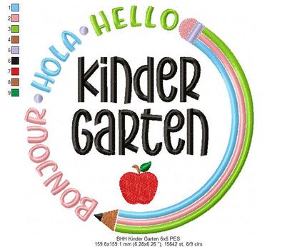 Bonjour Hola Hello Kinder Garten - Fill Stitch - Machine Embroidery Design
