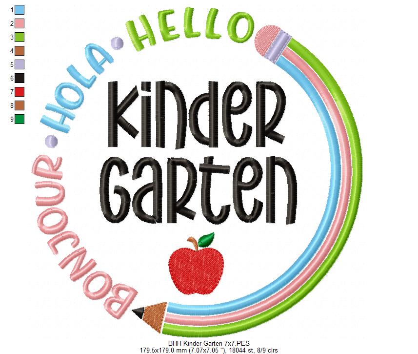 Bonjour Hola Hello Kinder Garten - Fill Stitch - Machine Embroidery Design