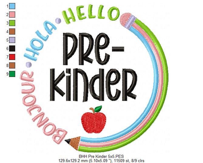 Bonjour Hola Hello Kinder Garten - Fill Stitch - Machine Embroidery Design