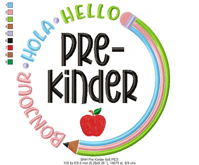 Bonjour Hola Hello Kinder Garten - Fill Stitch - Machine Embroidery Design