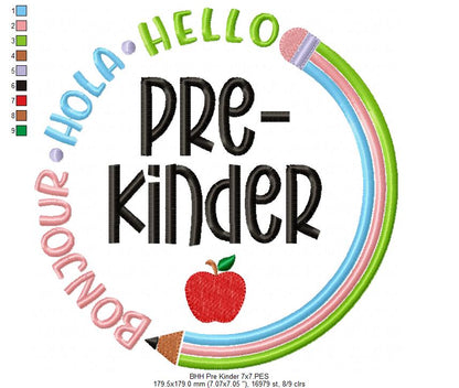 Bonjour Hola Hello Kinder Garten - Fill Stitch - Machine Embroidery Design