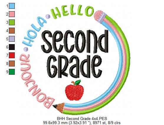 Bonjour Hola Hello Second Grade - Fill Stitch - Machine Embroidery Design