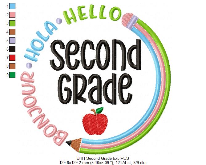 Bonjour Hola Hello Second Grade - Fill Stitch - Machine Embroidery Design