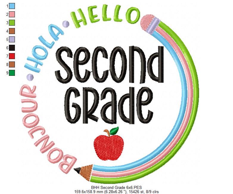 Bonjour Hola Hello Second Grade - Fill Stitch - Machine Embroidery Design