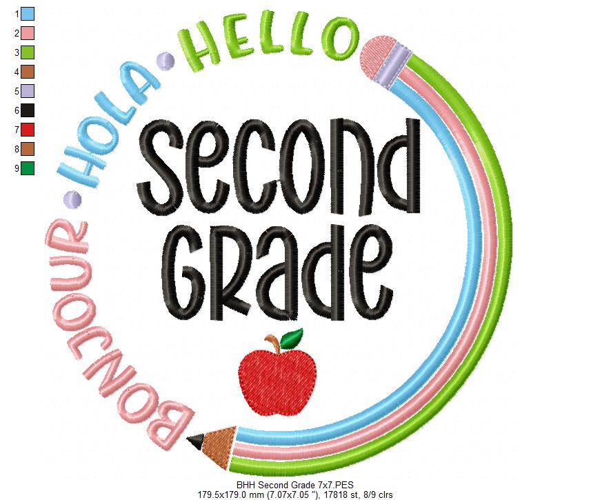 Bonjour Hola Hello Second Grade - Fill Stitch - Machine Embroidery Design