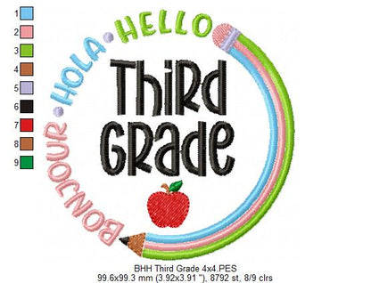 Bonjour Hola Hello Third Grade - Fill Stitch - Machine Embroidery Design