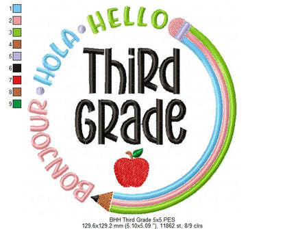 Bonjour Hola Hello Third Grade - Fill Stitch - Machine Embroidery Design