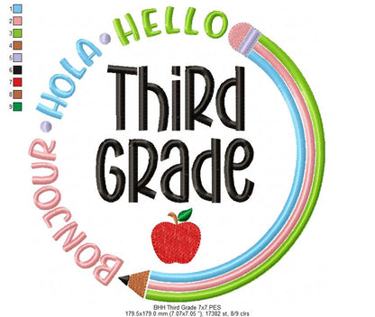 Bonjour Hola Hello Third Grade - Fill Stitch - Machine Embroidery Design