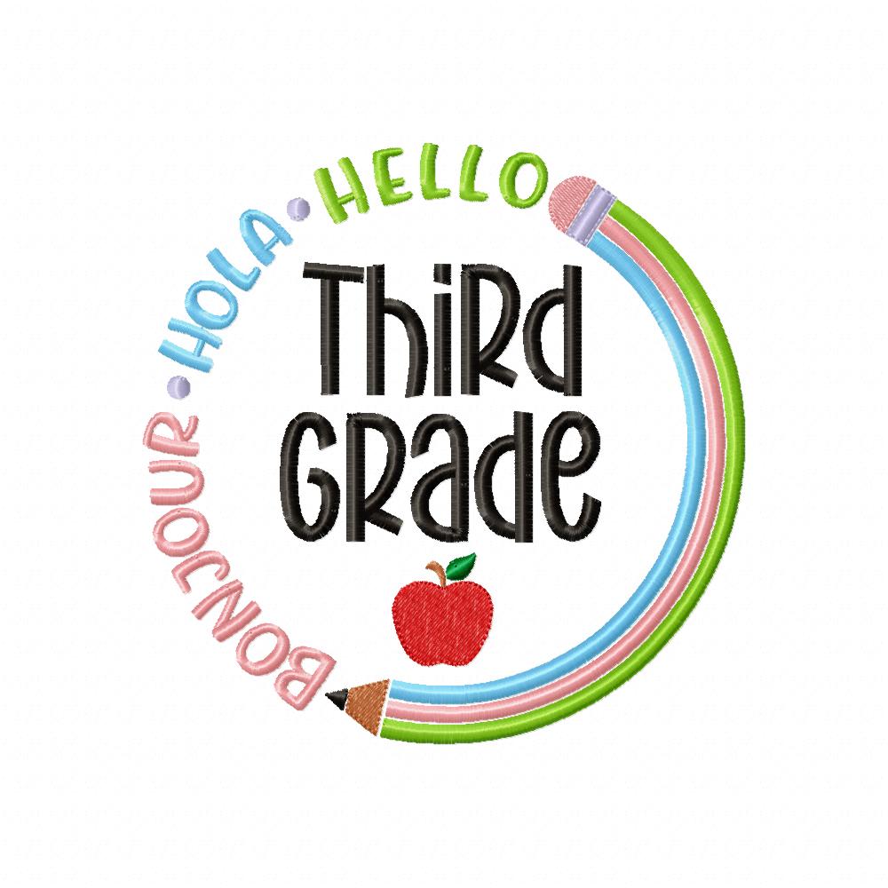 Bonjour Hola Hello Pre-Kinder to 6th Grade - Fill Stitch - Set of 8 designs - Machine Embroidery Design