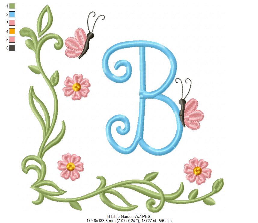 Little Garden Monogram B Letter B - Fill Stitch - Machine Embroidery Design