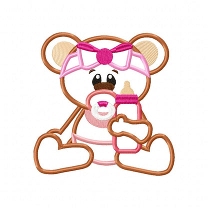 Baby Bear Girl with Feeding Bottle - Applique - Machine Embroidery Design