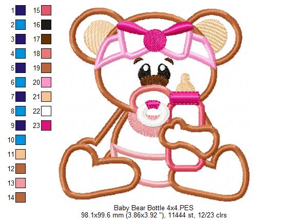 Baby Bear Girl with Feeding Bottle - Applique - Machine Embroidery Design