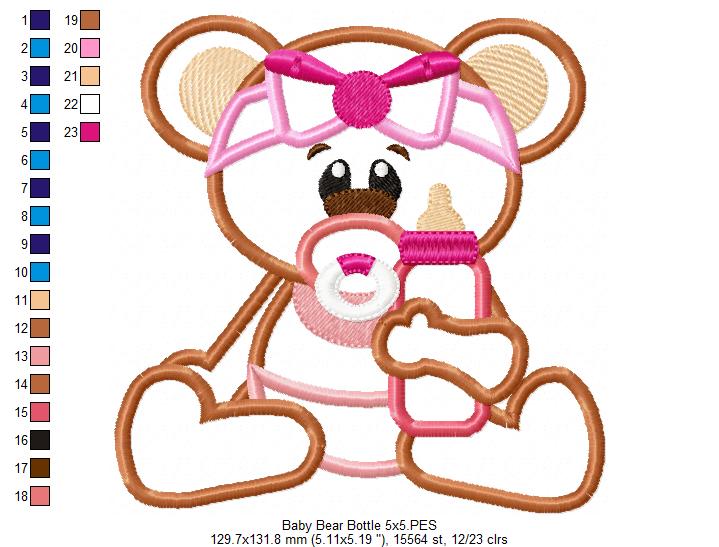 Baby Bear Girl with Feeding Bottle - Applique - Machine Embroidery Design