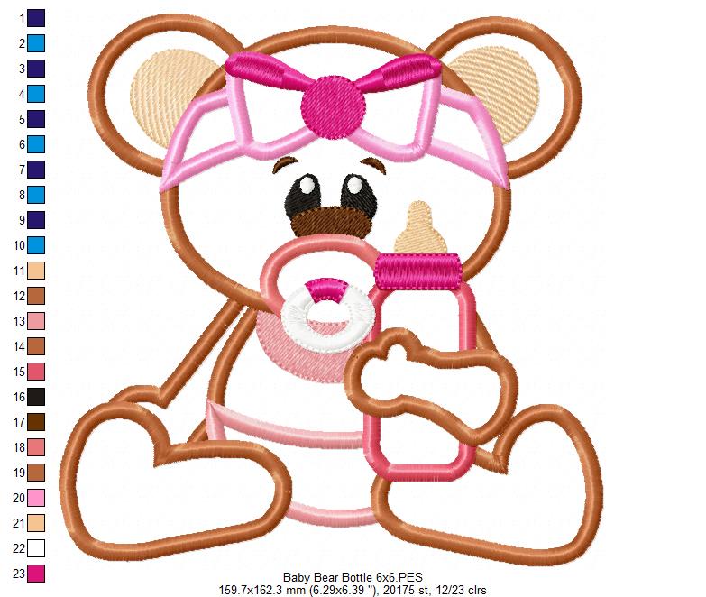 Baby Bear Girl with Feeding Bottle - Applique - Machine Embroidery Design