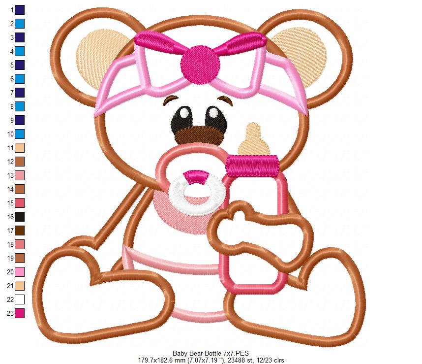 Baby Bear Girl with Feeding Bottle - Applique - Machine Embroidery Design