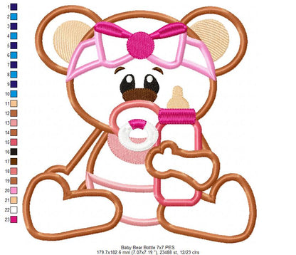 Baby Bear Girl with Feeding Bottle - Applique - Machine Embroidery Design