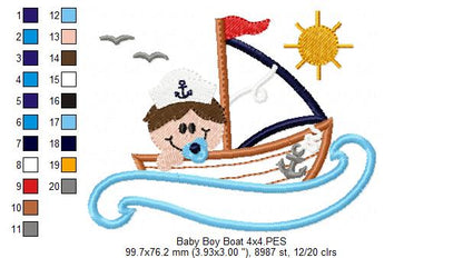 Baby Boy in a Sail Boat - Applique - Machine Embroidery Design