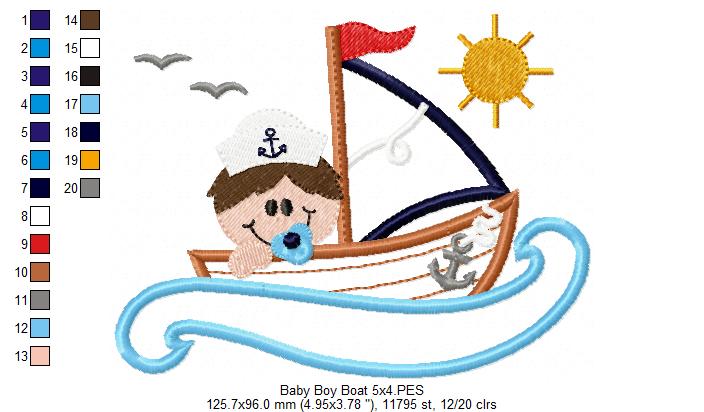 Baby Boy in a Sail Boat - Applique - Machine Embroidery Design