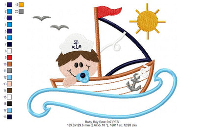 Baby Boy and Girl in a Sail Boat - Applique - Set of 2 Designs - Machine Embroidery Design