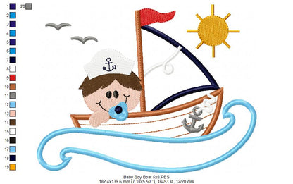 Baby Boy in a Sail Boat - Applique - Machine Embroidery Design